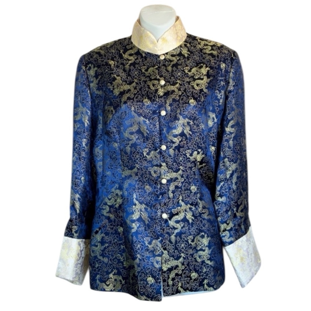 Chinese jacket. Women's M navy/cream silk brocade, dragons, mandarin collar. EUC
